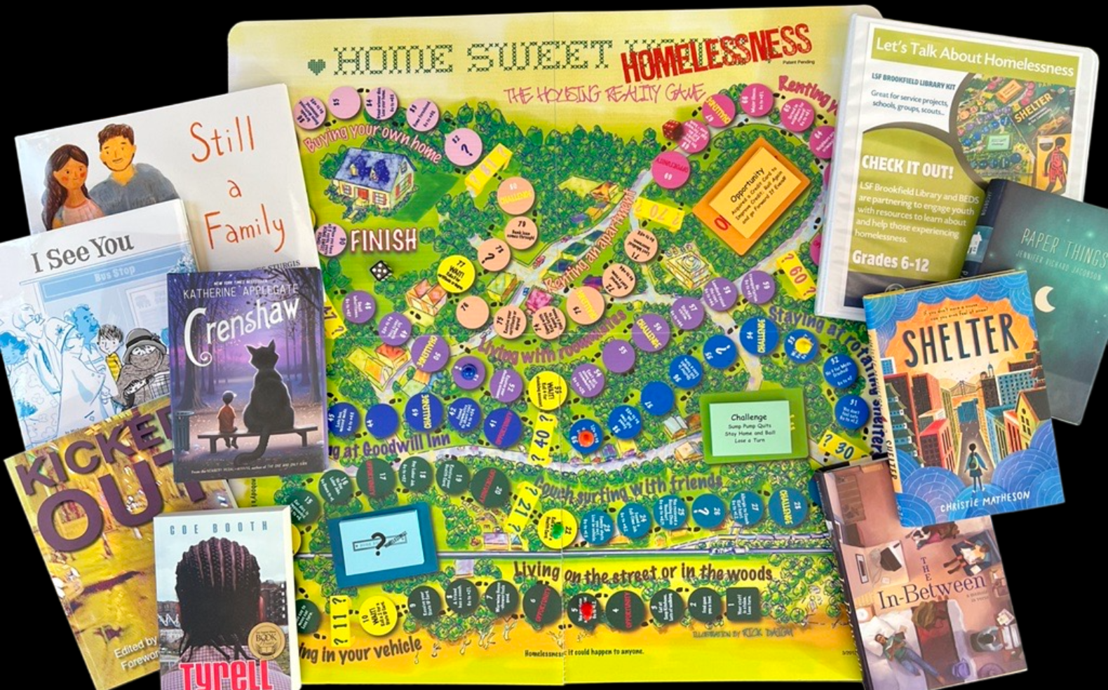 Immagine del kit educativo per i senzatetto con libri e gioco da tavolo Home Sweet Homeless