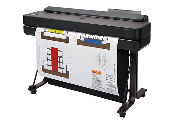 Black long and narrow HP printer on stand