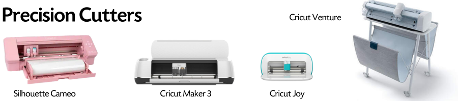 Pink Silhouette Cameo cutter; White Cricut Maker 3 cutter; White Cricut Venture