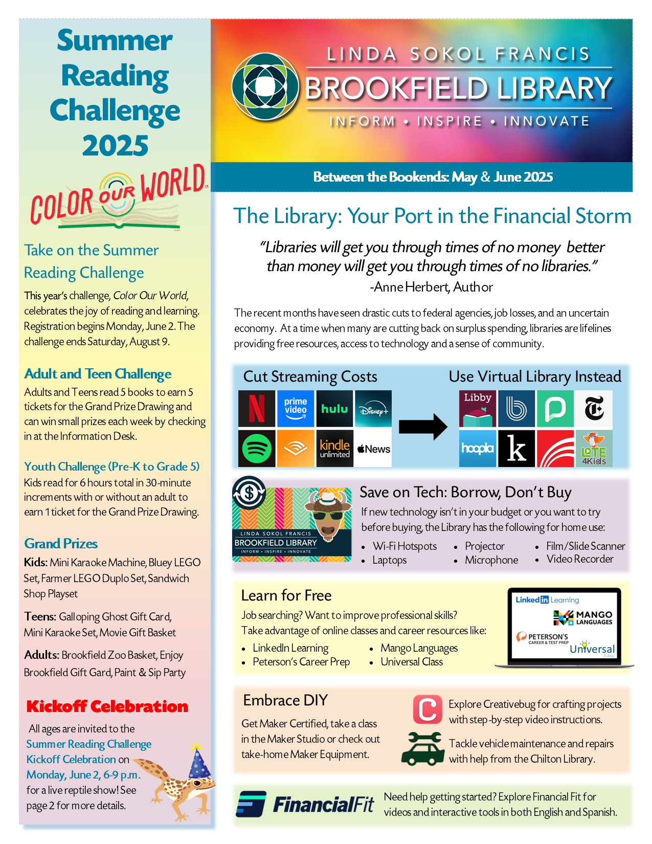 Capa do boletim informativo de maio e junho com detalhes sobre o Desafio de Leitura de Verão de 2025 e recursos da biblioteca que são essenciais durante crises econômicas, como entretenimento gratuito, ferramentas para empréstimo e empréstimo de tecnologia.