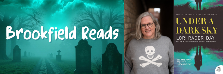 Image of Lori Rader-Day next to her book Under a Dark Sky