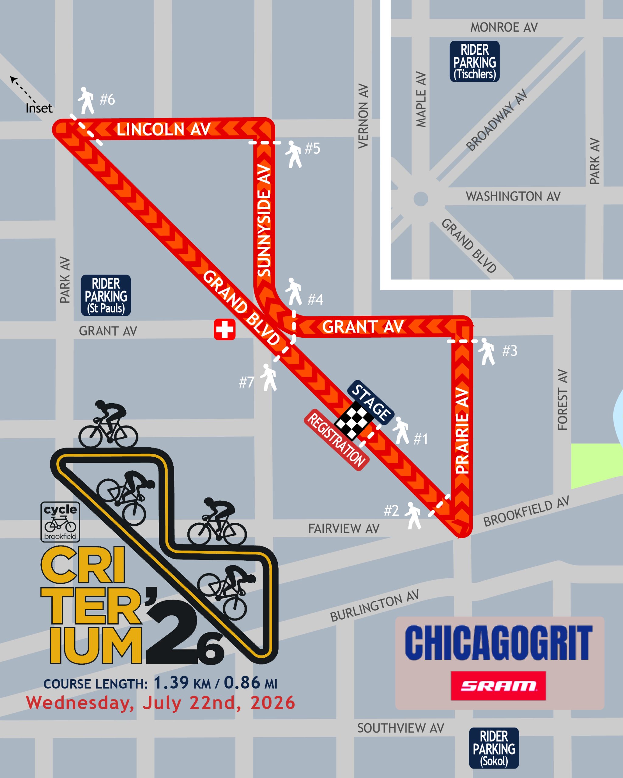 Map of bike race indicating biker lanes in Brookfield and direction of race