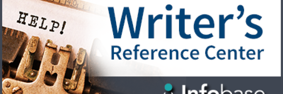 Fond blanc avec un graphique de machine à écrire sur le côté gauche. Le texte bleu sur le côté droit indique WRITER'S REFERENCE CENTER