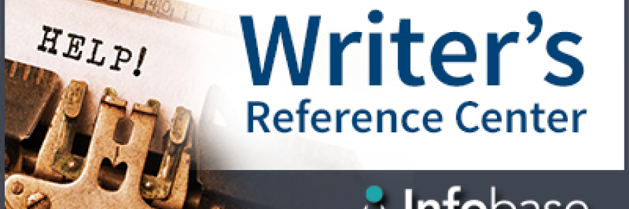 Fondo blanco con un gráfico de máquina de escribir en el lado izquierdo. El texto azul en el lado derecho dice CENTRO DE REFERENCIA DEL ESCRITOR