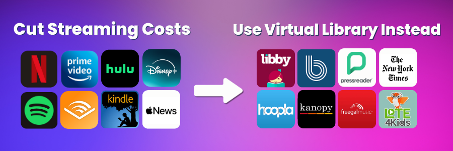 Headings say Cut Streaming Costs, Use Virtual Library Instead. Under Streaming Costs heading are a group of logos including Netflix, Prime Video, Hulu, Disney Plus, Spotify, Audible, Kindle, and Apple News. These can be substituted for free Library services like Libby, Boundless, PressReader, New York Times Digital Access, Hoopla, Kanopy, Freegal, Lote4Kids.