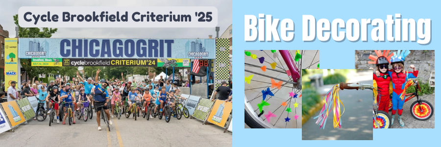 A crowd of all ages poses for a picture with their bikes at the start line for the family fun ride during the Chicag Grit Race in 2024. Images of bike decorations for handles and wheels are included alongside the initial image.