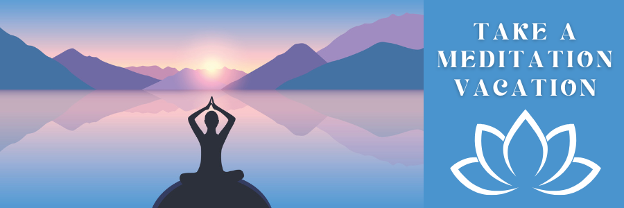 Illustration of a woman meditation on a rock in front of a calm lake surrounded by mountains.