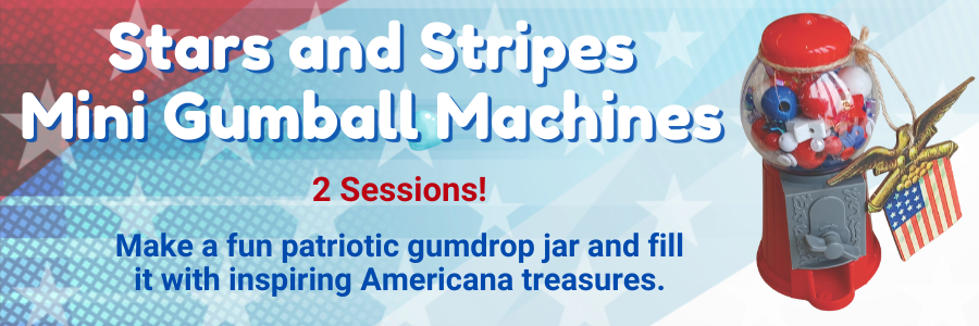 A mini gumball machine with red, white and blue doodads in it.