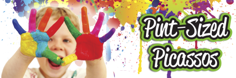 Bild eines Kindes mit Farbe an den Händen und Text: „Pint-Sized Picassos“