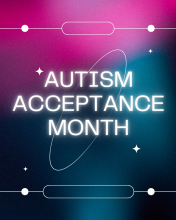 White glowy text saying Autism Acceptance Month with an oval that looks like the ring around a planet, has a purple and blue background, and stars, 