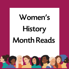 Las lecturas del mes de la historia de la mujer aparecen en un fondo blanco con un fondo magenta y una imagen de dibujos animados de mujeres en la parte inferior