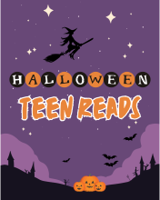 Test in Black, Orange, and White saying Halloween Teen Reads, with a background of a purple sky and white stars, black silhouette of a witch in a broom, bats, and a field with three orange jack-o-laterns