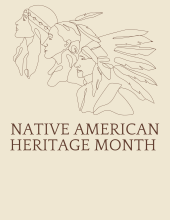 Tan background with three brown silhouettes of Native American people, and Native American Heritage Month written in brown